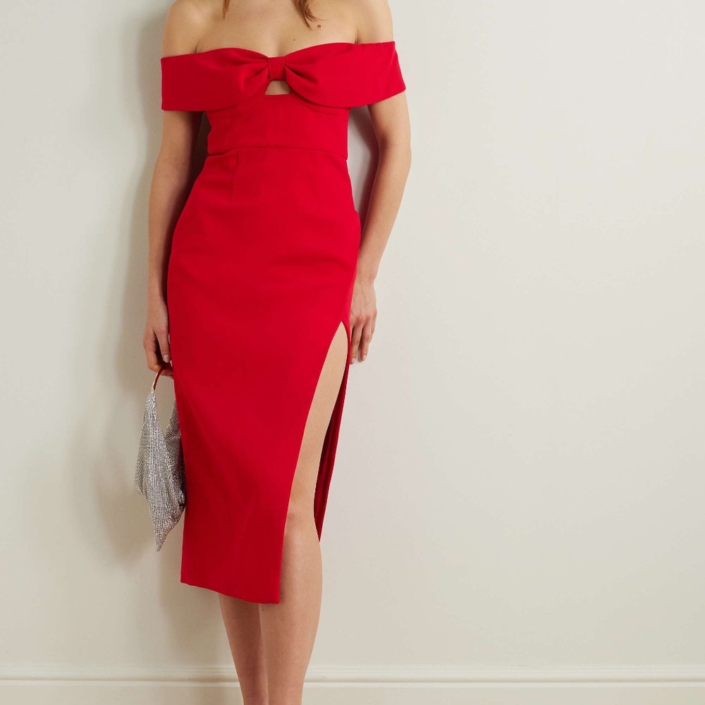 Self-Portrait Off-the-shoulder bow-embellished crepe midi dress